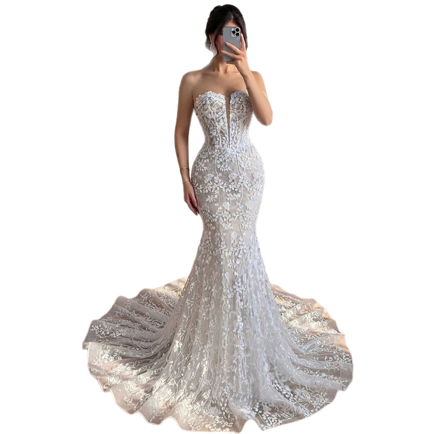 Luxury White Beaded Floral Lace Appliques Mermaid Wedding Dress LA73900
