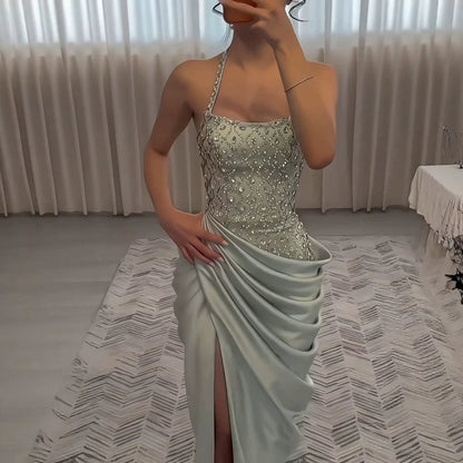 Luxury Sage Green Halter Crystal Beaded High Slit Evening Dress LA73904