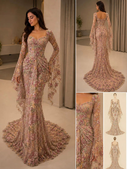 Luxury Pink Floral Embroidered Bell Sleeves Mermaid Dress LA73905