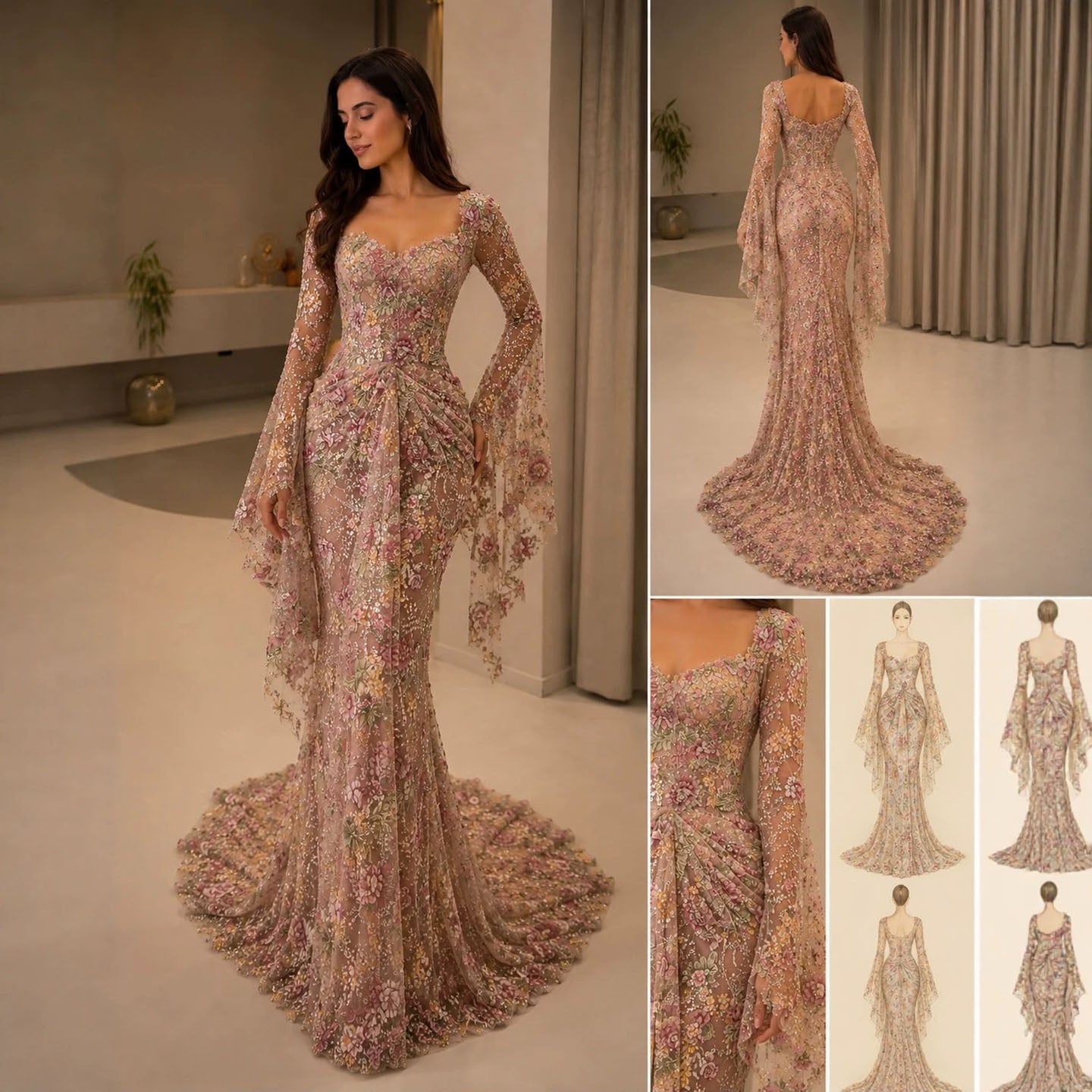 Luxury Pink Floral Embroidered Bell Sleeves Mermaid Dress LA73905