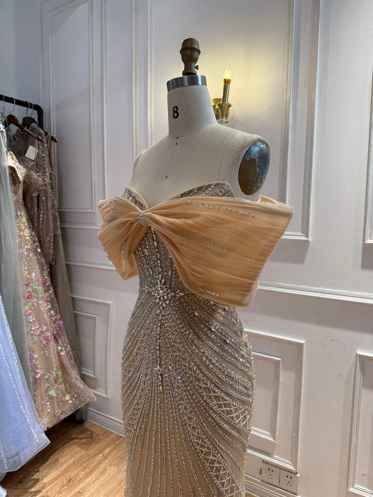 Luxury Nude Off Shoulder Crystal Beaded Mermaid Evening Dress LA73910
