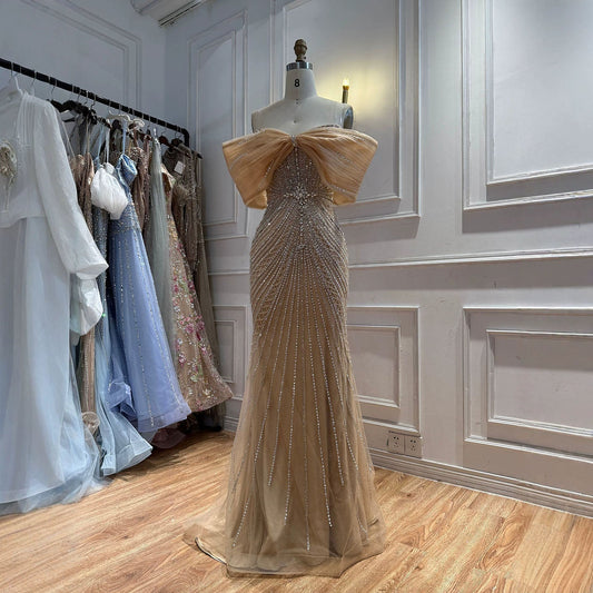 Luxury Nude Off Shoulder Crystal Beaded Mermaid Evening Dress LA73910