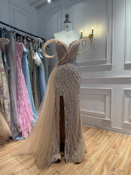 Luxury Nude Sequin Beaded Mermaid Dress With High Slit LA73914