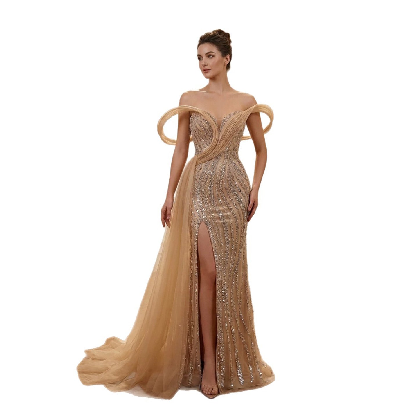 Luxury Nude Sequin Beaded Mermaid Dress With High Slit LA73914
