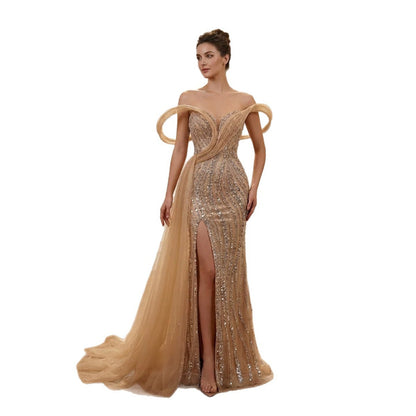 Luxury Nude Sequin Beaded Mermaid Dress With High Slit LA73914