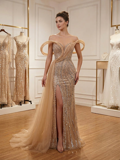 Luxury Nude Sequin Beaded Mermaid Dress With High Slit LA73914