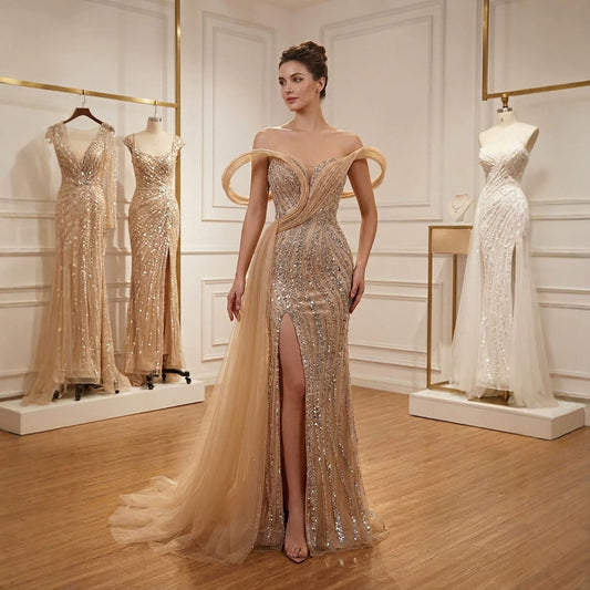 Luxury Nude Sequin Beaded Mermaid Dress With High Slit LA73914
