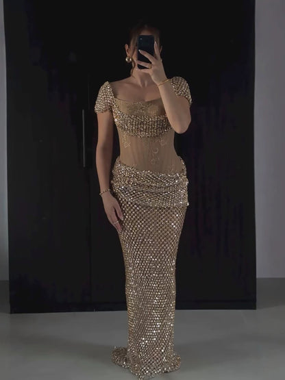 Luxury Gold Crystal Beaded Mermaid Dress Cap Sleeves LA73916