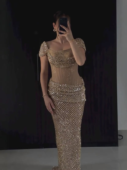 Luxury Gold Crystal Beaded Mermaid Dress Cap Sleeves LA73916