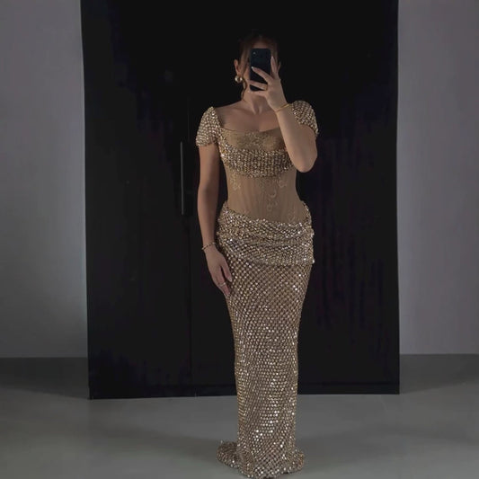 Luxury Gold Crystal Beaded Mermaid Dress Cap Sleeves LA73916