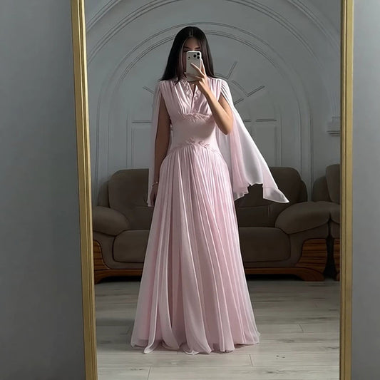 Luxury Pink Beaded Chiffon A Line Dress Cape Sleeves LA73921