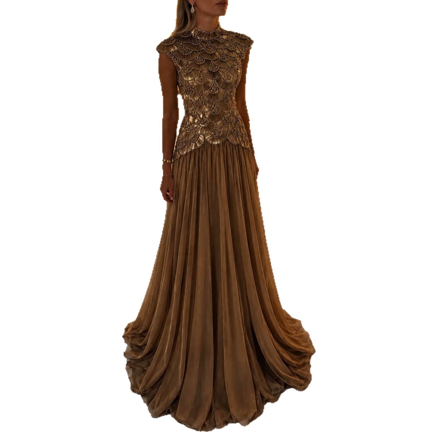 Luxury Gold High Neck Beaded A Line Dress LA73924