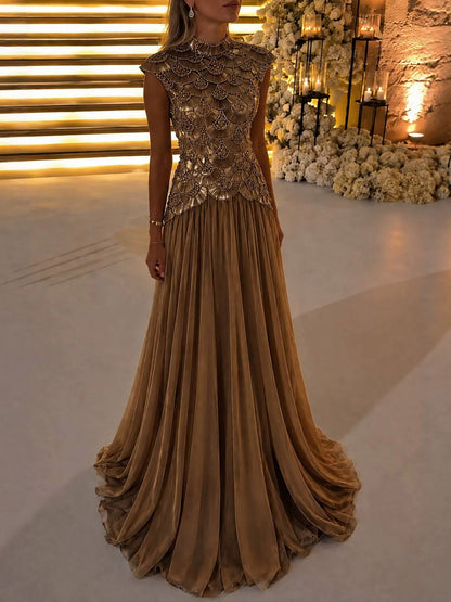 Luxury Gold High Neck Beaded A Line Dress LA73924