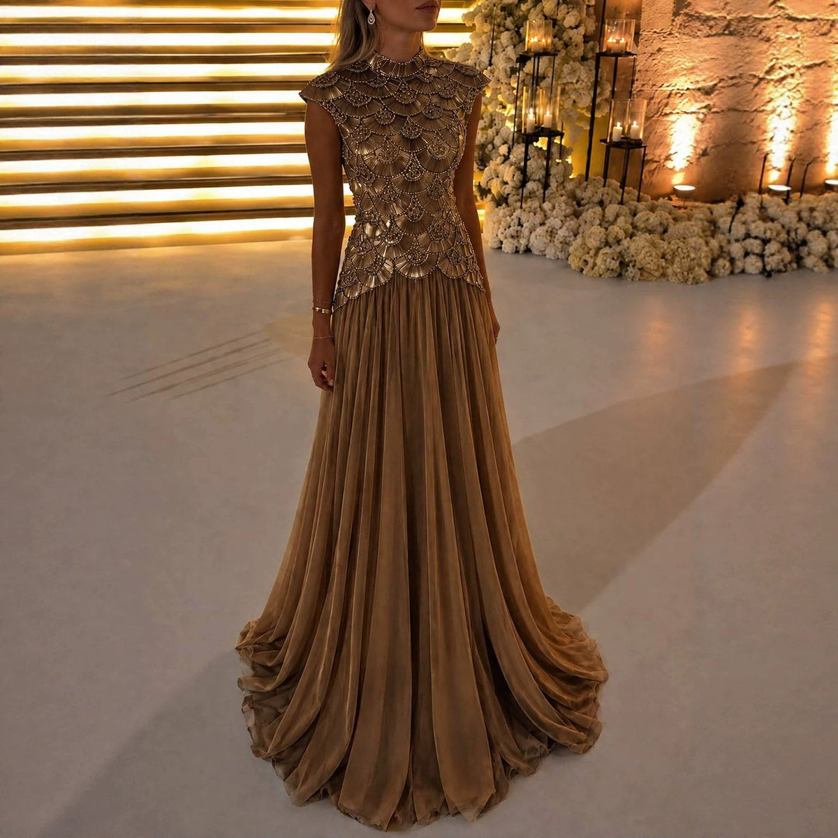 Luxury Gold High Neck Beaded A Line Dress LA73924