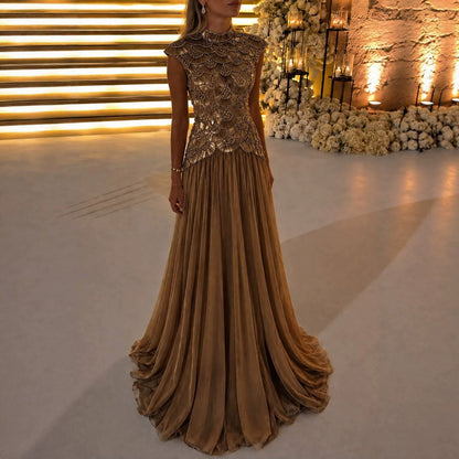 Luxury Gold High Neck Beaded A Line Dress LA73924