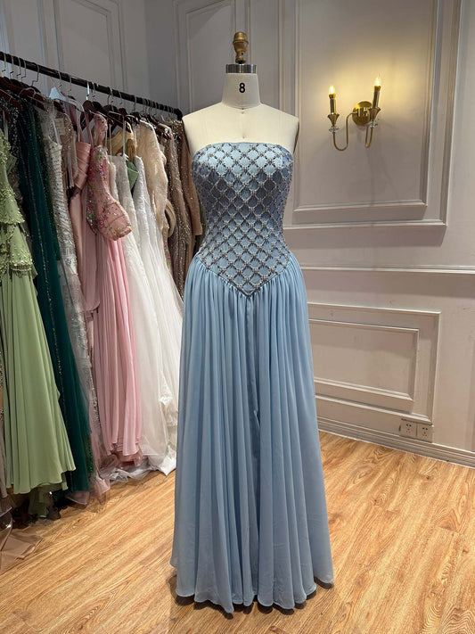 Luxury Blue Crystal Beaded Chiffon A-Line Evening Dress LA73929