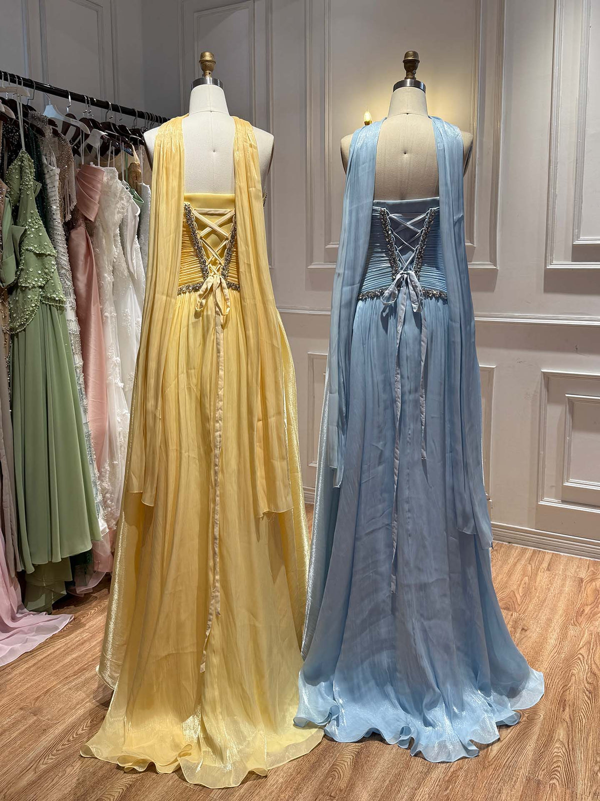 Luxury Yellow Crystal Beaded Strapless A-Line Evening Dress LA73930