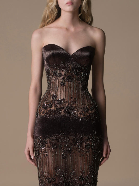 Luxury Brown Strapless Floral Beaded Mermaid Evening Dress LA73932