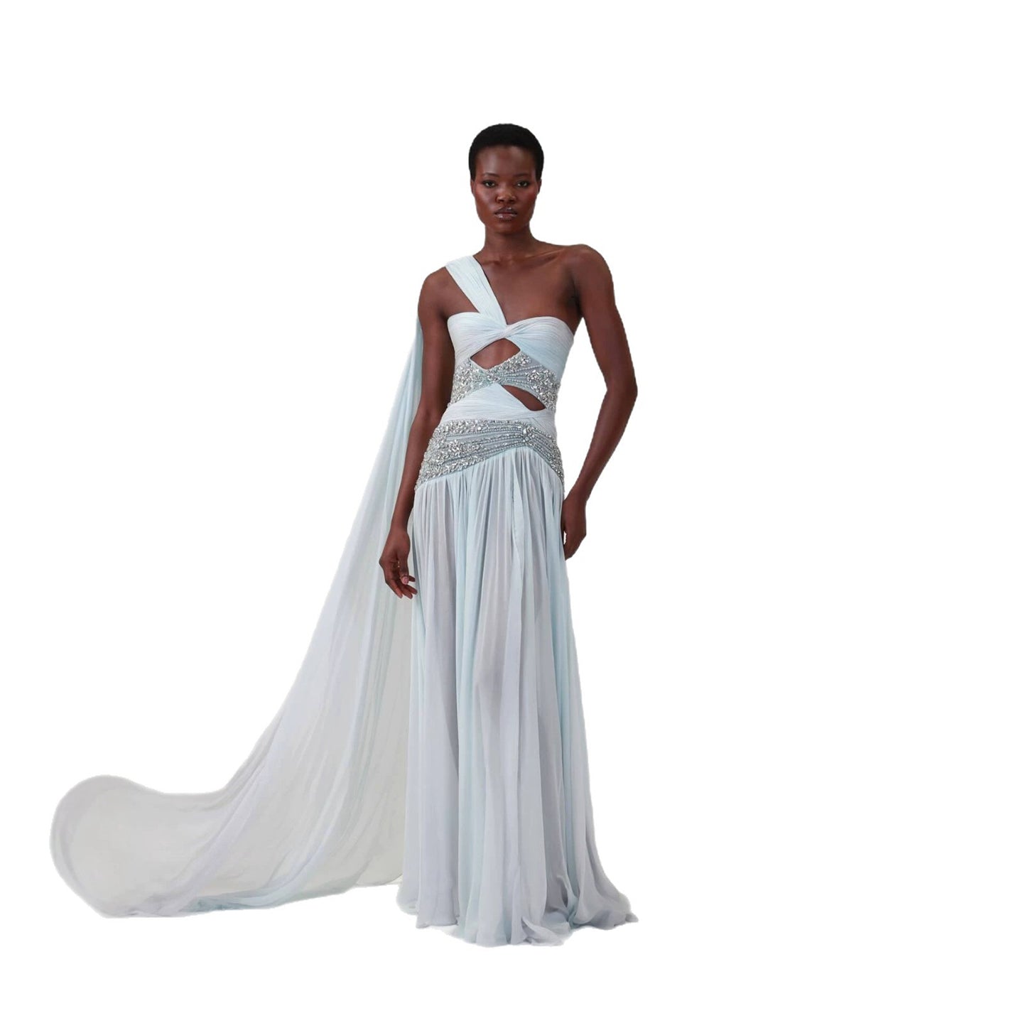Luxury Blue One Shoulder Cutout Crystal Beaded Evening Dress LA73933