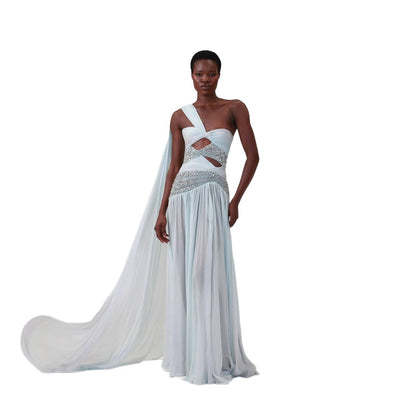 Luxury Blue One Shoulder Cutout Crystal Beaded Evening Dress LA73933