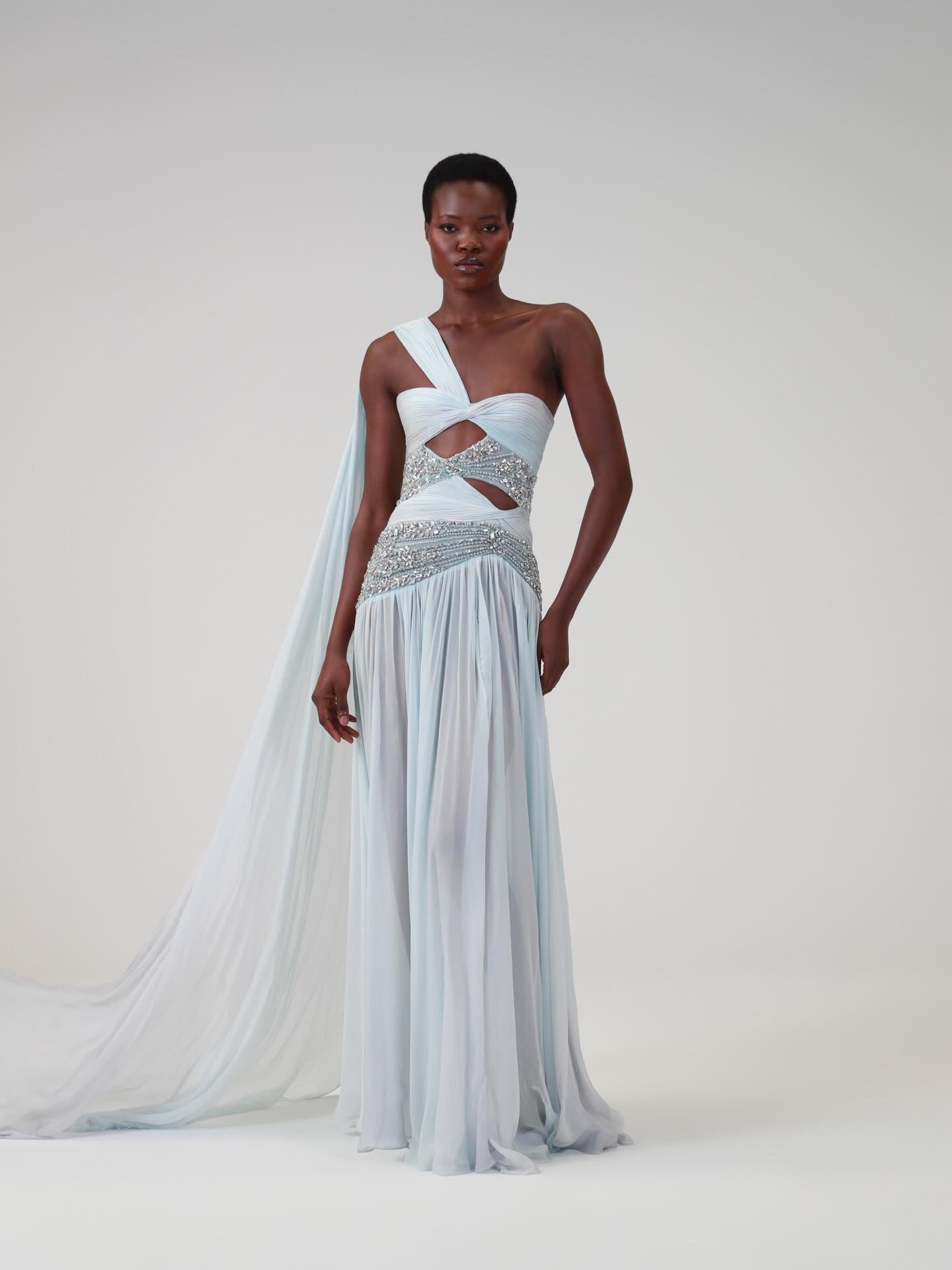 Luxury Blue One Shoulder Cutout Crystal Beaded Evening Dress LA73933
