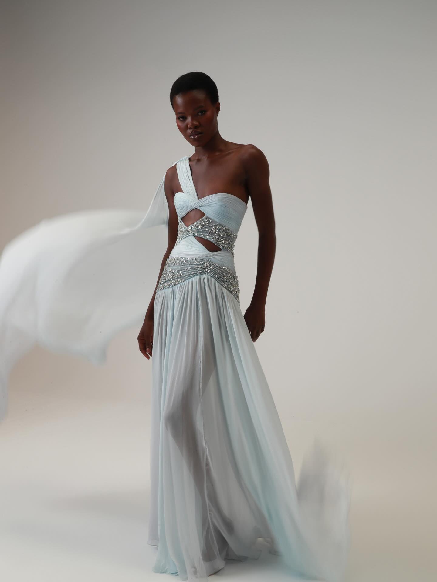 Luxury Blue One Shoulder Cutout Crystal Beaded Evening Dress LA73933