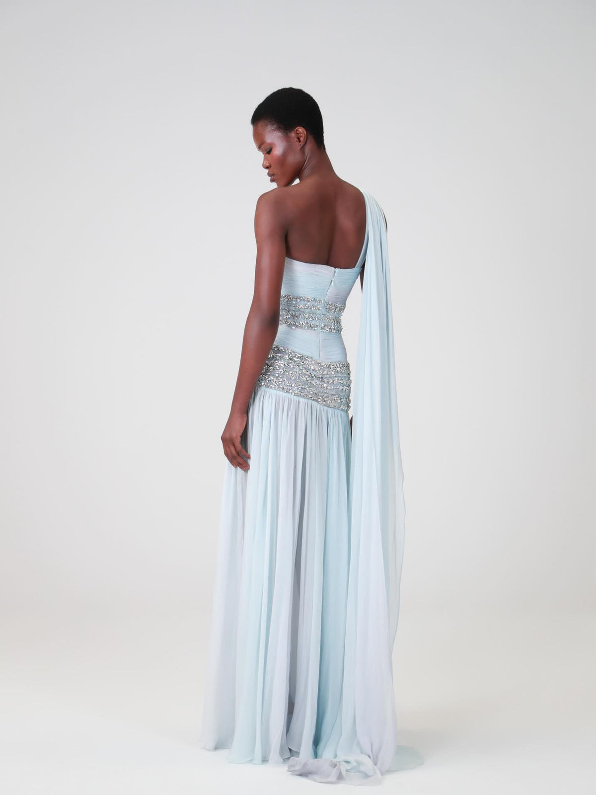 Luxury Blue One Shoulder Cutout Crystal Beaded Evening Dress LA73933