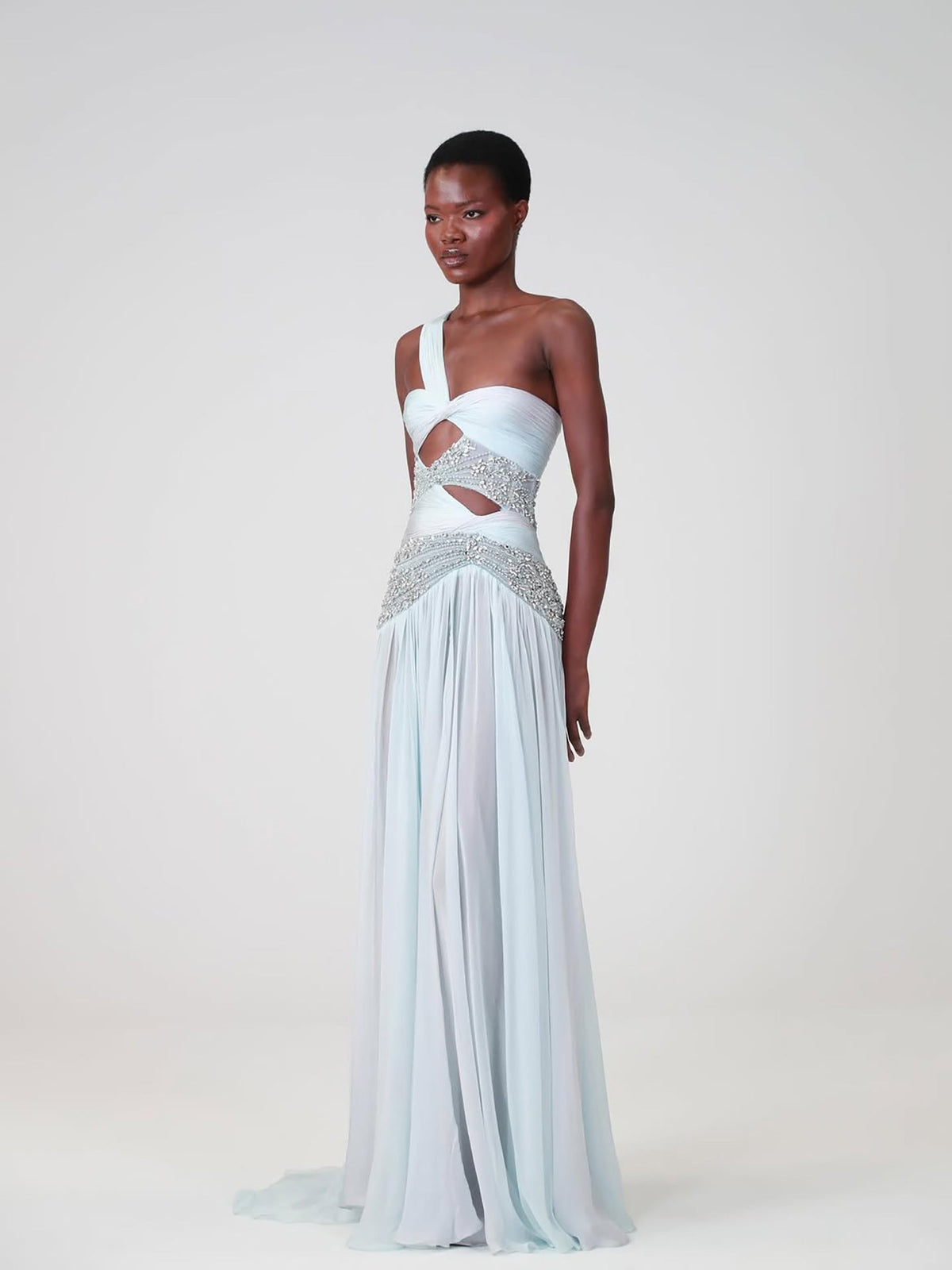 Luxury Blue One Shoulder Cutout Crystal Beaded Evening Dress LA73933
