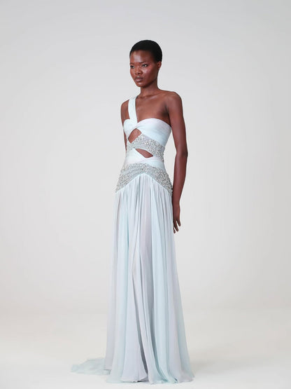Luxury Blue One Shoulder Cutout Crystal Beaded Evening Dress LA73933
