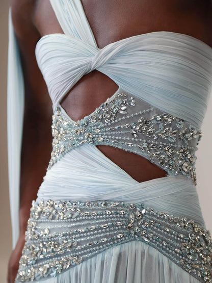 Luxury Blue One Shoulder Cutout Crystal Beaded Evening Dress LA73933