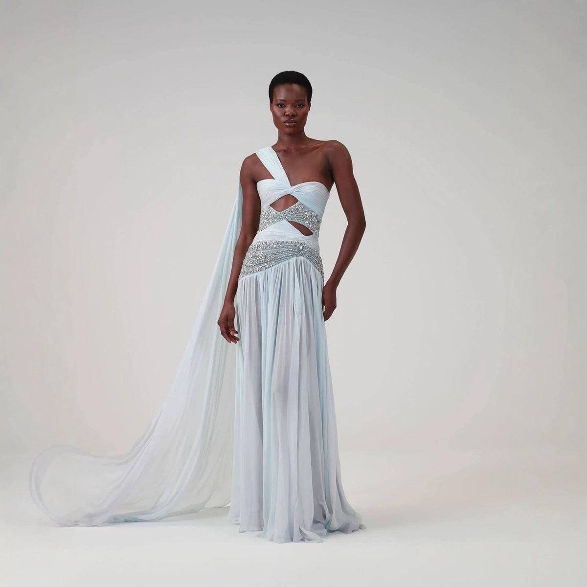 Luxury Blue One Shoulder Cutout Crystal Beaded Evening Dress LA73933