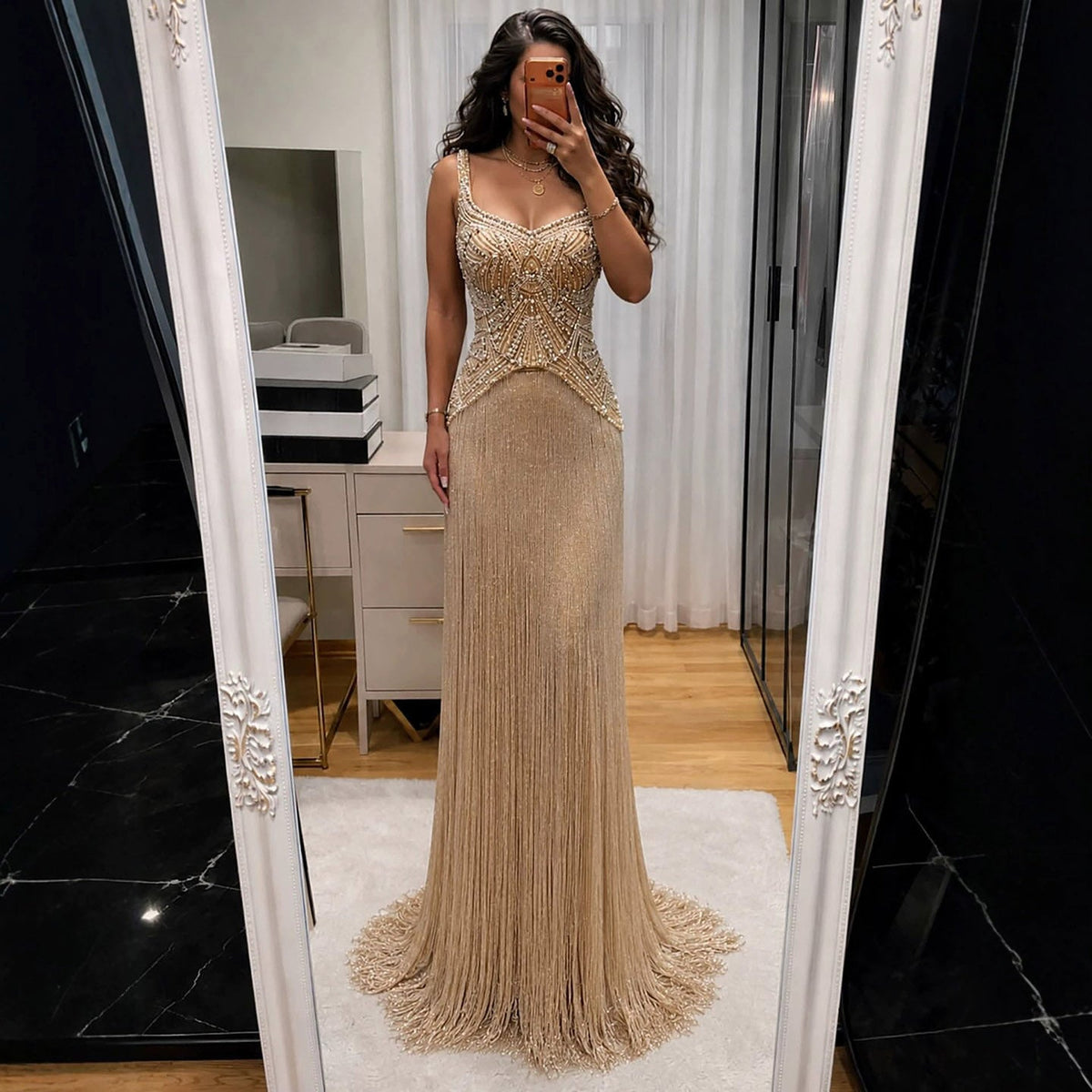 Luxury Nude Sweetheart Wide Straps Tassel Evening Dress LA73938
