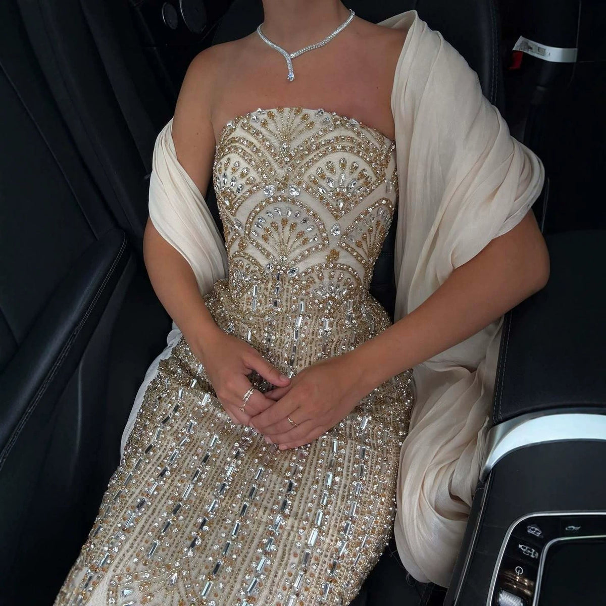 Luxury Champagne Strapless Crystal Beaded Mermaid Evening Dress LA73939