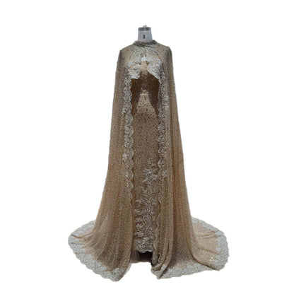 Luxury Nude Beaded Mermaid Evening Dress with Cape LA73940