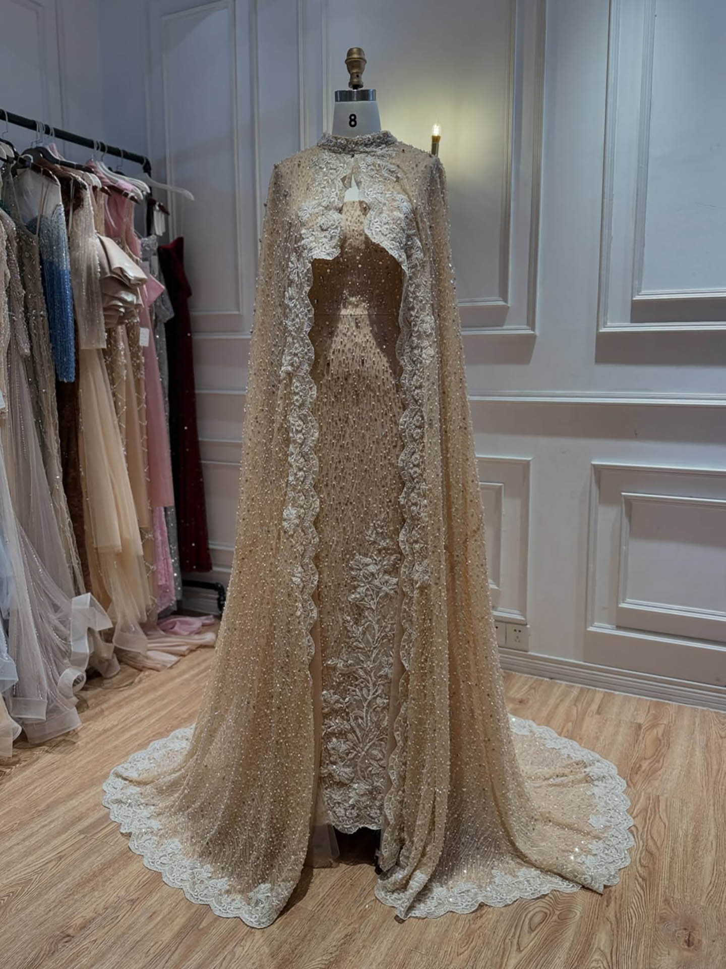 Luxury Nude Beaded Mermaid Evening Dress with Cape LA73940