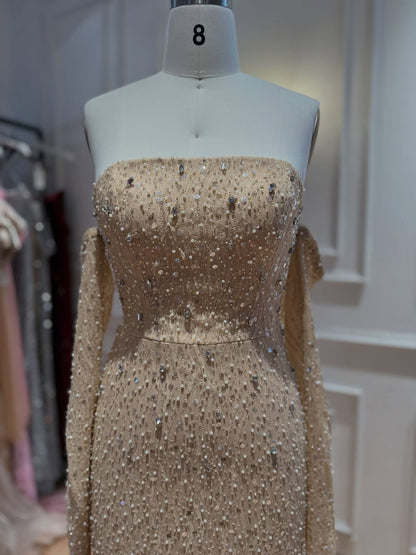 Luxury Nude Beaded Mermaid Evening Dress with Cape LA73940