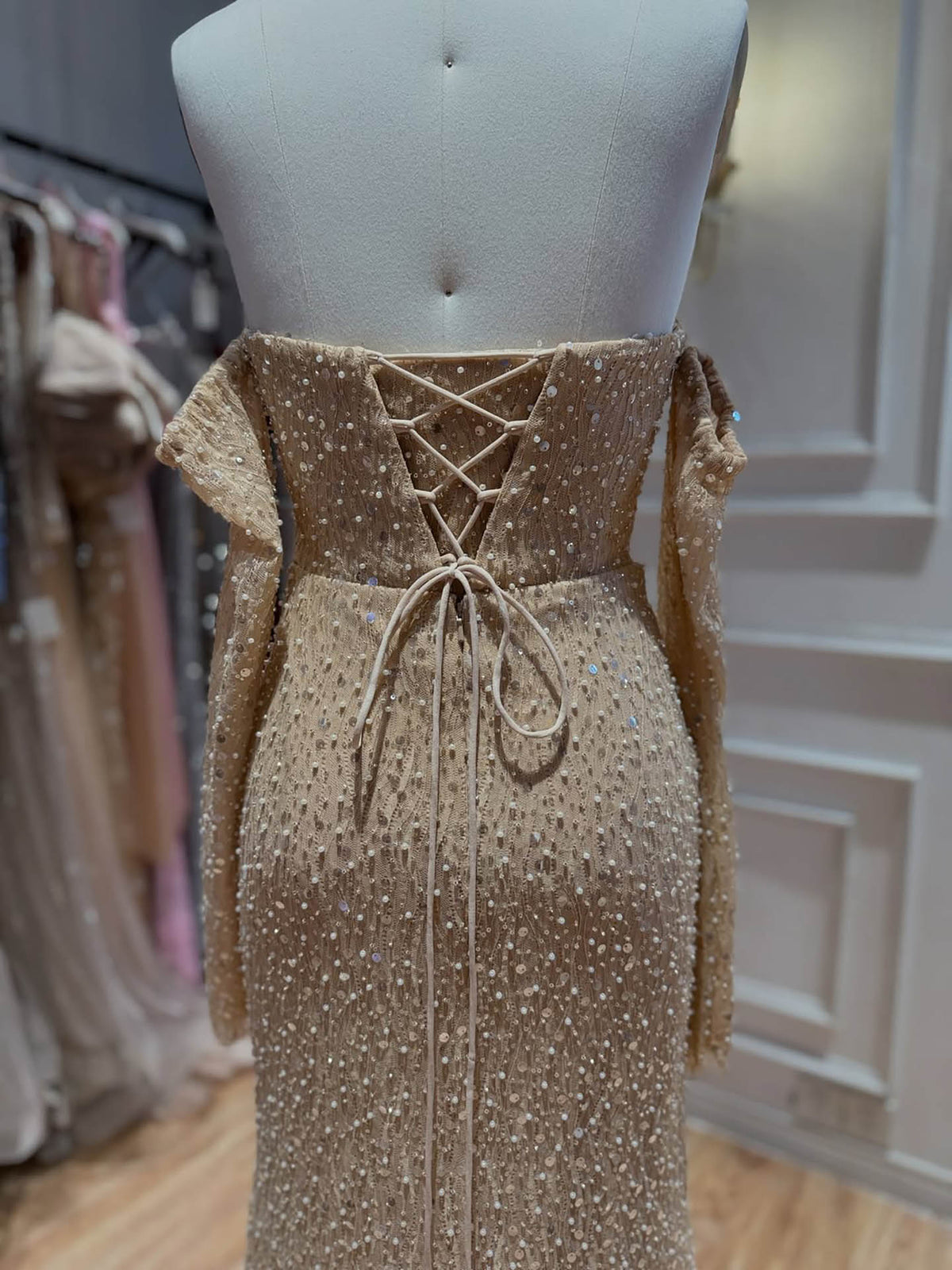Luxury Nude Beaded Mermaid Evening Dress with Cape LA73940
