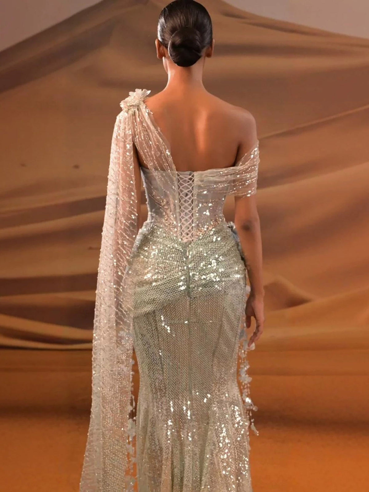 Luxury Blue One Shoulder 3D Floral Beaded Mermaid Dress LA73942