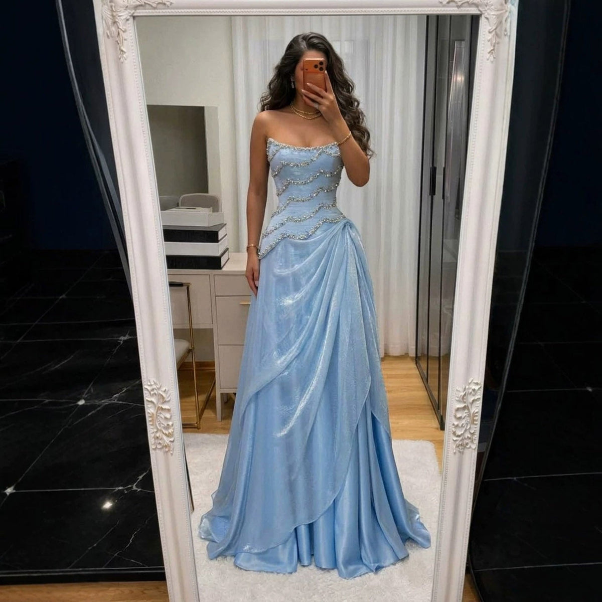 Luxury Light Blue Strapless Beaded Corset Evening Dress LA73944