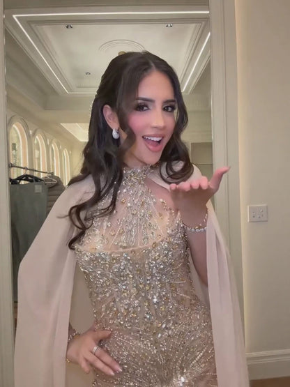 Luxury Nude Crystal Beaded Mermaid Evening Dress with Cape LA73945