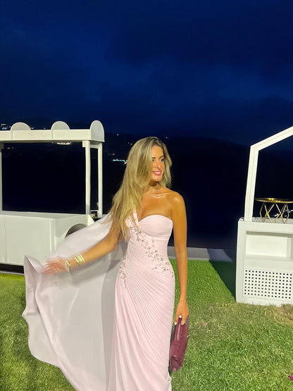 Luxury Pink One Shoulder Beaded Chiffon Evening Dress LA73946