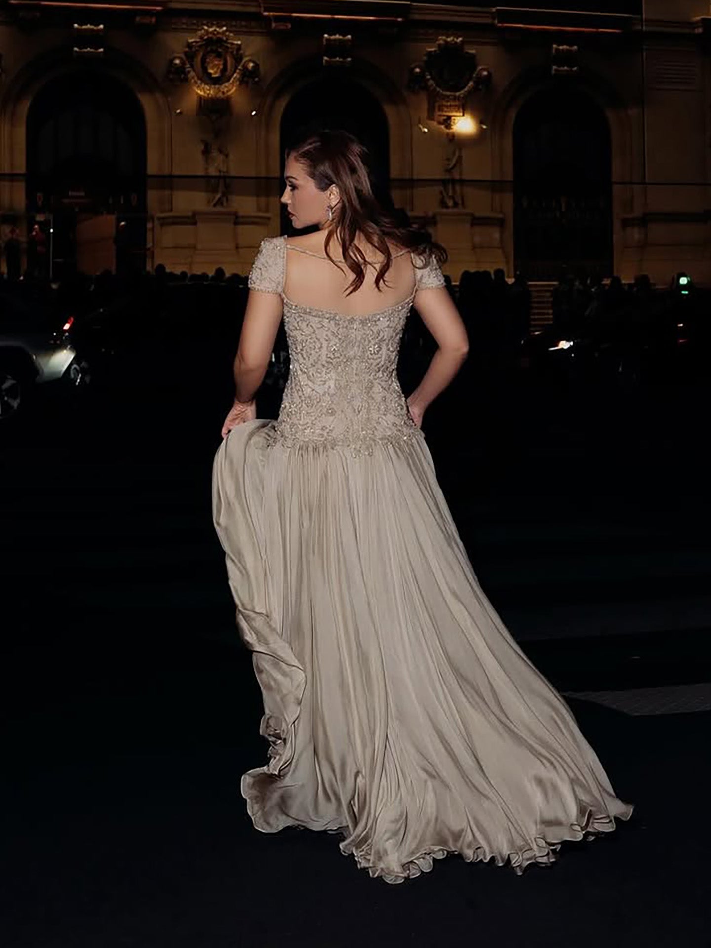 Luxury Caramel Beaded Cap Sleeve Chiffon A Line Evening Dress LA73947
