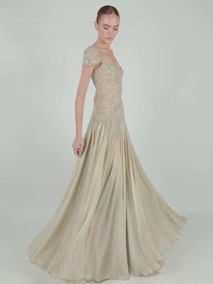 Luxury Caramel Beaded Cap Sleeve Chiffon A Line Evening Dress LA73947