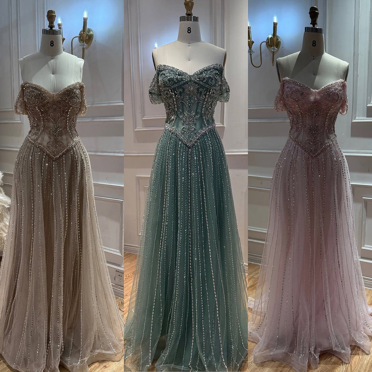 Turquoise Crystal Beaded Off-the-Shoulder Flowy Evening Dress LA73951