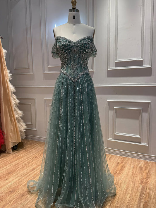 Turquoise Crystal Beaded Off-the-Shoulder Flowy Evening Dress LA73951