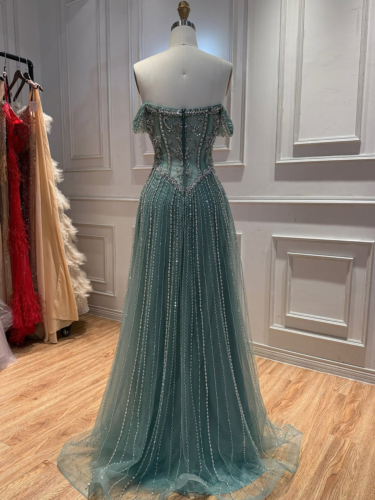 Turquoise Crystal Beaded Off-the-Shoulder Flowy Evening Dress LA73951