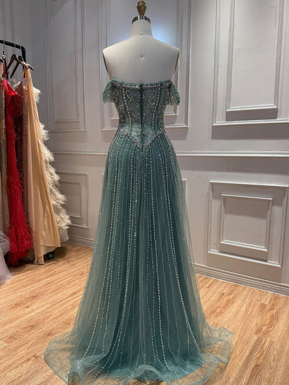 Turquoise Crystal Beaded Off-the-Shoulder Flowy Evening Dress LA73951