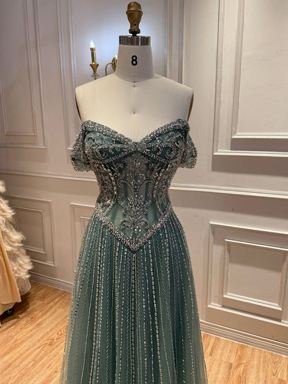Turquoise Crystal Beaded Off-the-Shoulder Flowy Evening Dress LA73951