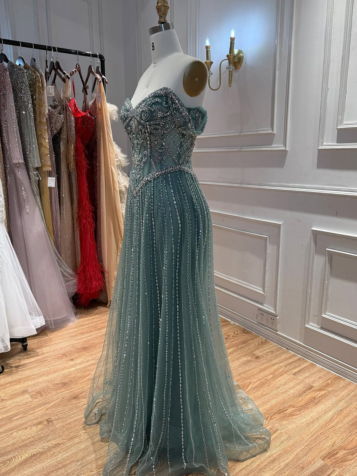 Turquoise Crystal Beaded Off-the-Shoulder Flowy Evening Dress LA73951