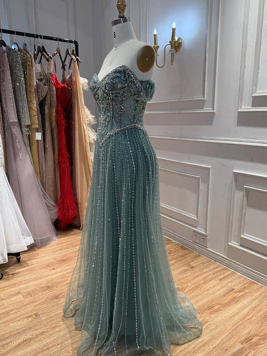 Turquoise Crystal Beaded Off-the-Shoulder Flowy Evening Dress LA73951